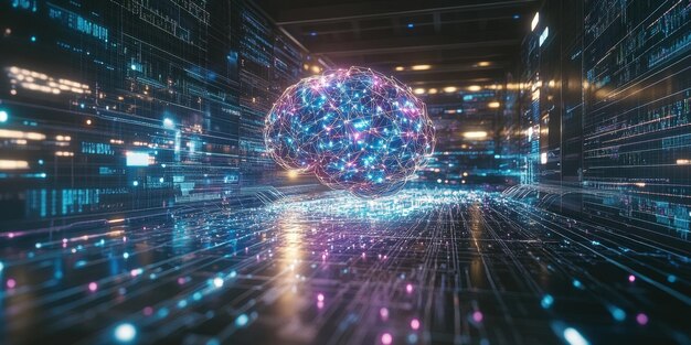 Modern artificial intelligence interface with neural network visualization and data processing